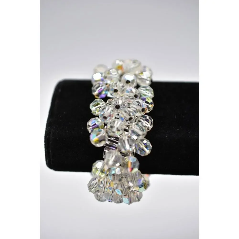 Japan Vintage Crystal Beaded Cluster Bracelet Dangle Aurora Borealis 1960s Bin2